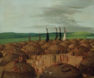 Vogelperspectief van het Mandan-dorp, 1800 mijl boven St. Louis. door George Catlin