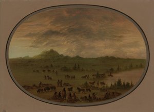 Bivak van een Sioux oorlogspartij bij zonsopgang door George Catlin