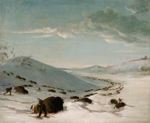 Buffalo Chase in de winter, Indianen op sneeuwschoenen door George Catlin