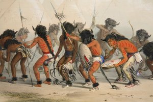Buffalo Dance (detail), uitgegeven 1845, kleurenlithografie