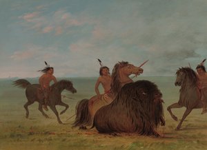 Camanchees die een buffelstier lanceren, 1861-1869 door George Catlin