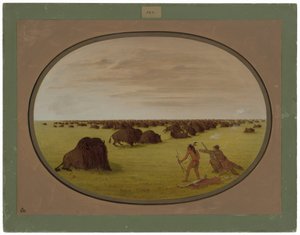 Catlin en Indiaan die buffel aanvallen door George Catlin