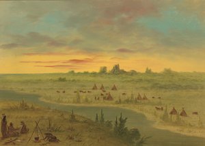 Kampement van Pawnee Indianen bij zonsondergang door George Catlin