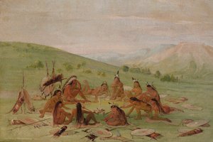 Voetoorlogspartij in Raad, Mandan, 1835-1837 door George Catlin