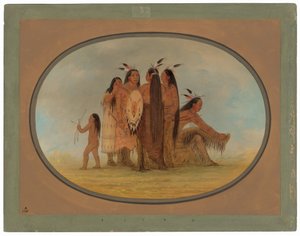 Vier Mandan krijgers, een meisje en een jongen door George Catlin