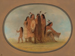 Vier Mandan Krijgers, een Meisje en een Jongen door George Catlin