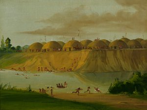 Hidatsa-dorp, met aarde bedekte lodges, aan de Knife River, 1810 mijl boven St. Louis door George Catlin