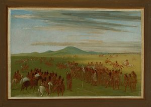 Paardenrennen op een parcours achter het Mandan-dorp