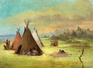 Indiaans kampement, Comanche of Kiowa huiden bewerken, Rode Rivier, 1846-1848 door George Catlin