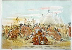 Indianen van Amerika: Assiniboin stam die lijkt op Sioux dansen pijpdans. Illustratie door George Catlin door George Catlin
