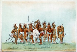 Indianen van Amerika: Black Hawk stam die bedeldans uitvoert voor toeristen. Illustratie door George Catlin door George Catlin