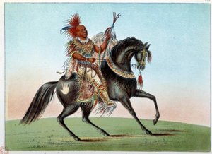 Indianen van Amerika: Ruiterportret van een Indiaanse opperhoofd van de stam van Saxen en Foxen. Illustratie door George Catlin