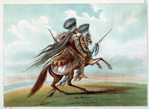 Indianen van Amerika: Indianen Miniatarees jagen op wilde paarden aan de voet van de Rockies. Illustratie door George Catlin