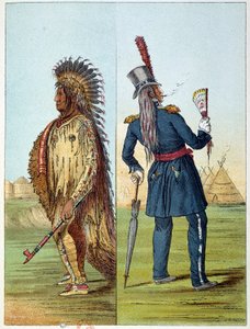 Indianen van Amerika: Indian Assiniboin gekleed in militair uniform met in zijn zakken twee flessen whisky. Illustratie door George Catlin (1794-1872) door George Catlin