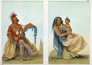 Indianen van Amerika: Portret van een leider van de Osage genaamd Clermont met zijn vrouw en zoon. Illustratie door George Catlin (1794-1872)