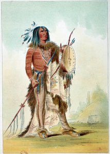 Indianen van Amerika: Portret van een Indiaanse hoofdman die dokter werd en een tamtam vasthoudt waarin de remedies zitten. Illustratie door George Catlin