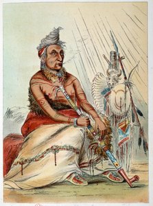 Indianen van Amerika: Portret van een oude Indiaanse chef die zijn pijp rookt, genaamd De Zwarte Mocassin. Illustratie door George Catlin (1794-1872) door George Catlin