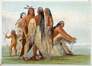 Indianen van Amerika. De Mandans: Hoofdman San Ja Ka Ko Kah omringd door zijn familie. Gravure door George Catlin door George Catlin