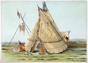 Indianen van Amerika: Tipi van de Crows stam met stekels van stekelvarkens. Illustratie door George Catlin