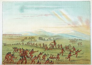 Indianen van Amerika: jachtles voor Mandan-kinderen tussen 7 en 15 jaar. Illustratie door George Catlin
