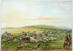 Indianen van Amerika: stam van Indianen met paarden en honden. Illustratie door George Catlin door George Catlin
