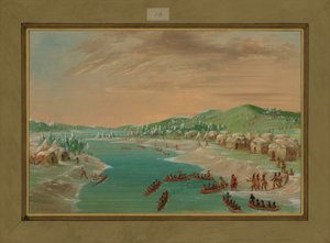 La Salle en gezelschap arriveren in het dorp van de Illinois, 1 januari 1680, 1847-48 door George Catlin