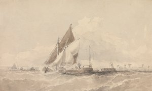 Zeilpramen en boten in een woelige zee door George Chambers