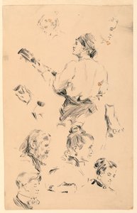 Schetsen van hoofden, een hand, een voet en een muzikant door George Charles Aid