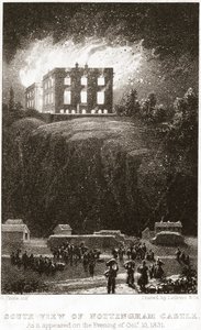 Nottingham Castle in brand, gezien vanuit het zuiden door George Childs