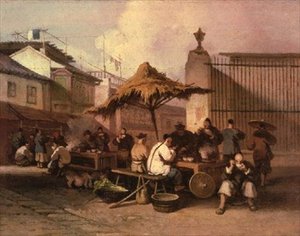 Een groep Chinezen die buiten de kerk van San Domingo eten door George Chinnery