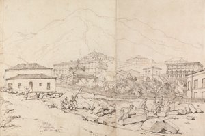 Gebouw op een heuvel in een bergachtig dorp (China?) door George Chinnery