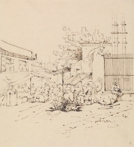 Straatscène met Handelaren die Waren Verkopen door George Chinnery