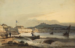 De Praya Grande, Macao, vanuit het zuiden, met Fort St. Peter links, 1830-1845 door George Chinnery