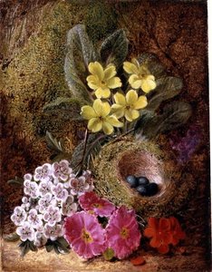 Stilleven met vogelnest en sleutelbloemen
