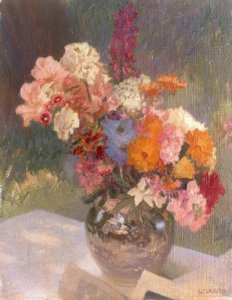 Bloemen in een glanzende vaas door George Clausen