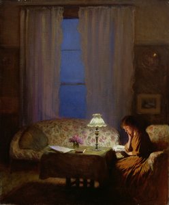Lezen bij lamplicht (schemering: interieur)