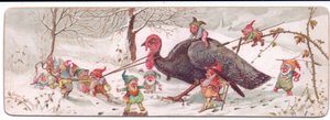 Een Victoriaanse kerstkaart van een groep kwaadaardige elfen die een gevangen kalkoen leiden, c.1895