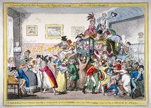 Een zwerm Engelse bijen die in de keizerlijke koets zwermen!! een scène in het London Museum, 1816 door George Cruikshank