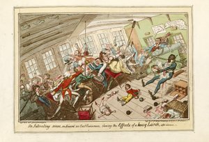 Een interessante scène aan boord van een Oost-Indiëvaarder, toont de effecten van een zware slingering, uitgegeven 1818 door George Cruikshank