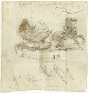 Karikatuur van zichzelf (recto); Cabine gegooid door een paard, met andere schetsen (verso) door George Cruikshank