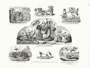 Cartoons door George Cruikshank over het thema van buitenproportionele dameshoeden