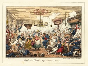 Engelse matrozen drinken en dansen in een kroeg, Napoleontische tijd, 1829 (lithografie) door George Cruikshank