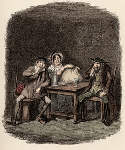 Fagin die zaken doet met Morris Bolter, alias Noe Claypole, en Charlotte - De Jood en Morris Bolter beginnen elkaar te begrijpen - Illustratie voor "Oliver Twist" door Charles Dickens door George Cruikshank