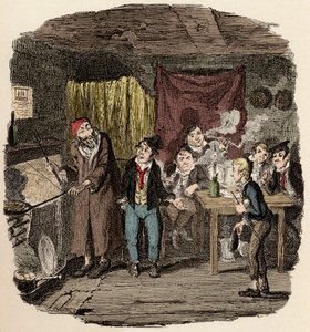 In Londen, Jack Dawkins genaamd de Vos presenteert Oliver aan Fagin en zijn team van misdadigers - Oliver geïntroduceerd aan de respectabele oude heer - Illustratie voor 