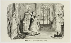 Januari - De geboorte van het jaar uit de Steel Etchings van George Cruikshank in The Comic Almanacks: 1835-1853 door George Cruikshank