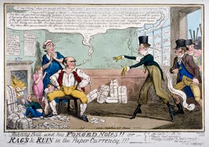 Johnny Bull en zijn vervalste bankbiljetten!!!, 1819 door George Cruikshank