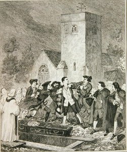 Jonathan Wild grijpt Jack bij de begrafenis van zijn moeder op het kerkhof van Willesden, illustratie uit 