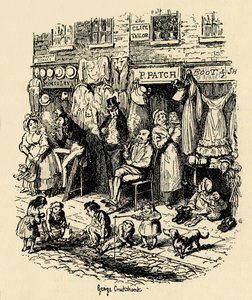 Monmouth Street, Soho, een illustratie door G. Cruikshank voor Dickens