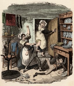 Oliver verzamelt moed - Illustratie voor "Oliver Twist" (De avonturen van Oliver Twist) door Charles Dickens (1812-1870), door George Cruikshank (1792-1878)