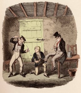 Oliver poetst de schoenen van de Vos terwijl Charley Bates de gevaren van ophanging uitlegt - Meester Bates legt een professionele techniek uit - Illustratie voor 